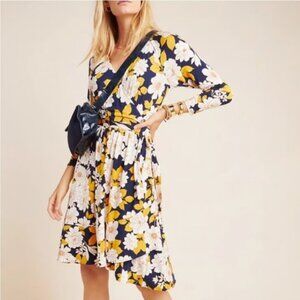 MAEVE Yellow & Blue Floral Long Sleeve V-Neck Wrap Dress | Small